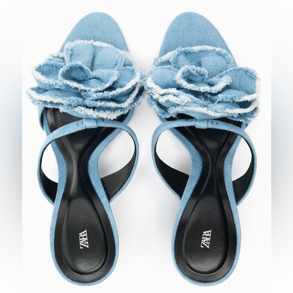 ZARA FLORAL HIGH HEELED DENIM SANDALS - Picture 6 of 6